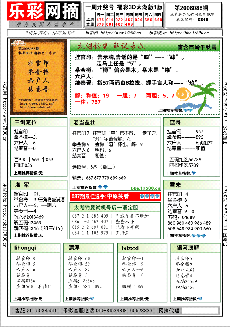 福彩3d2008088期★字谜总汇★解太湖★预测版