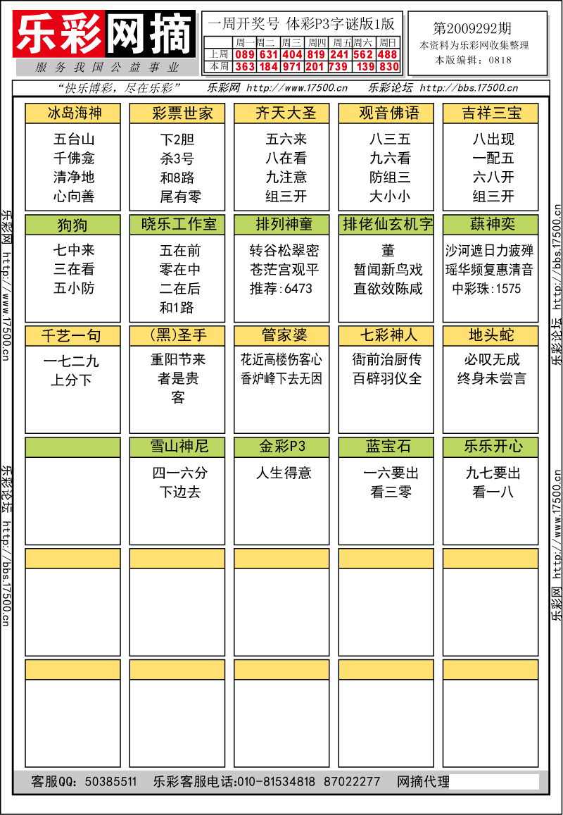 排列三第2009292期字谜总汇