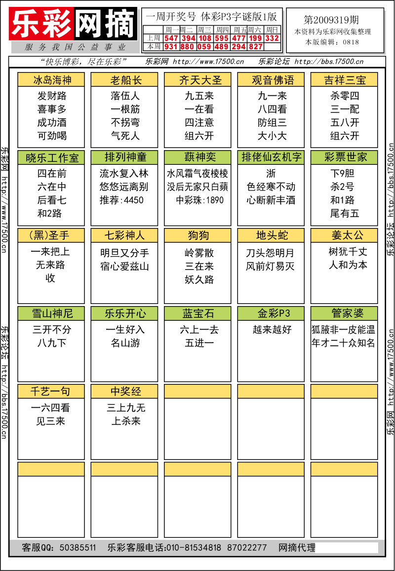 排列三第2009319期字谜总汇