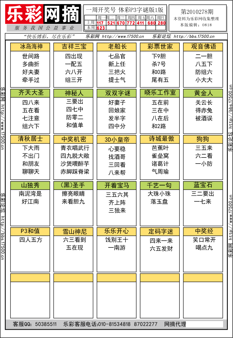 排列三第2010278期字谜总汇