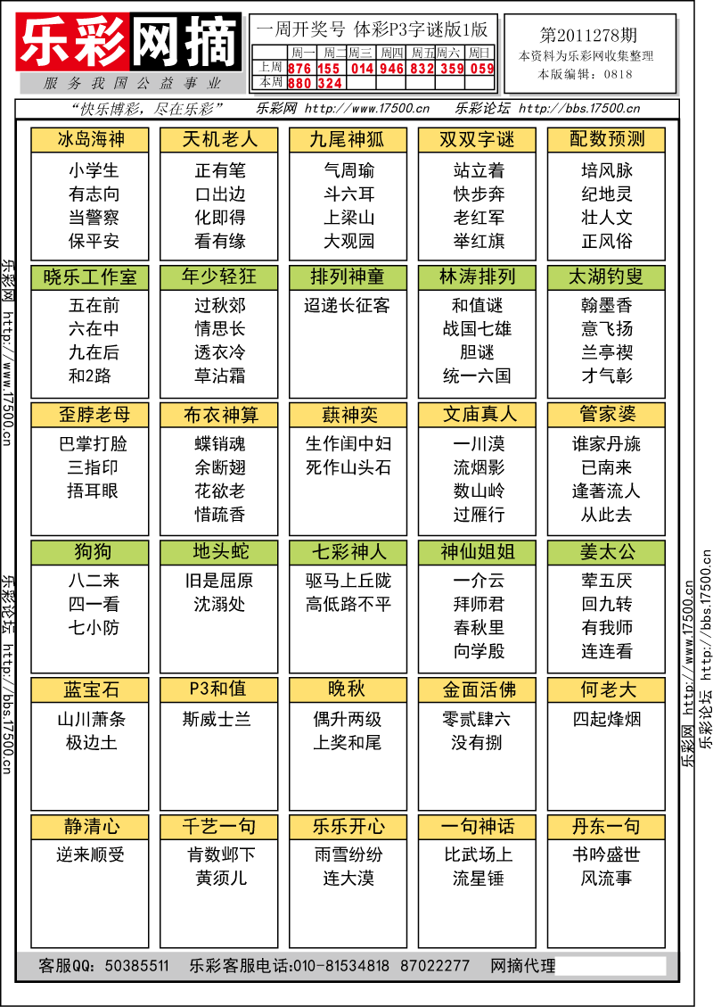 排列三第2011278期字谜总汇