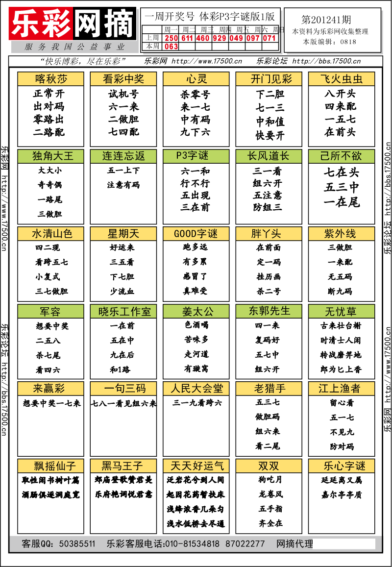 排列三第2012221期字谜总汇