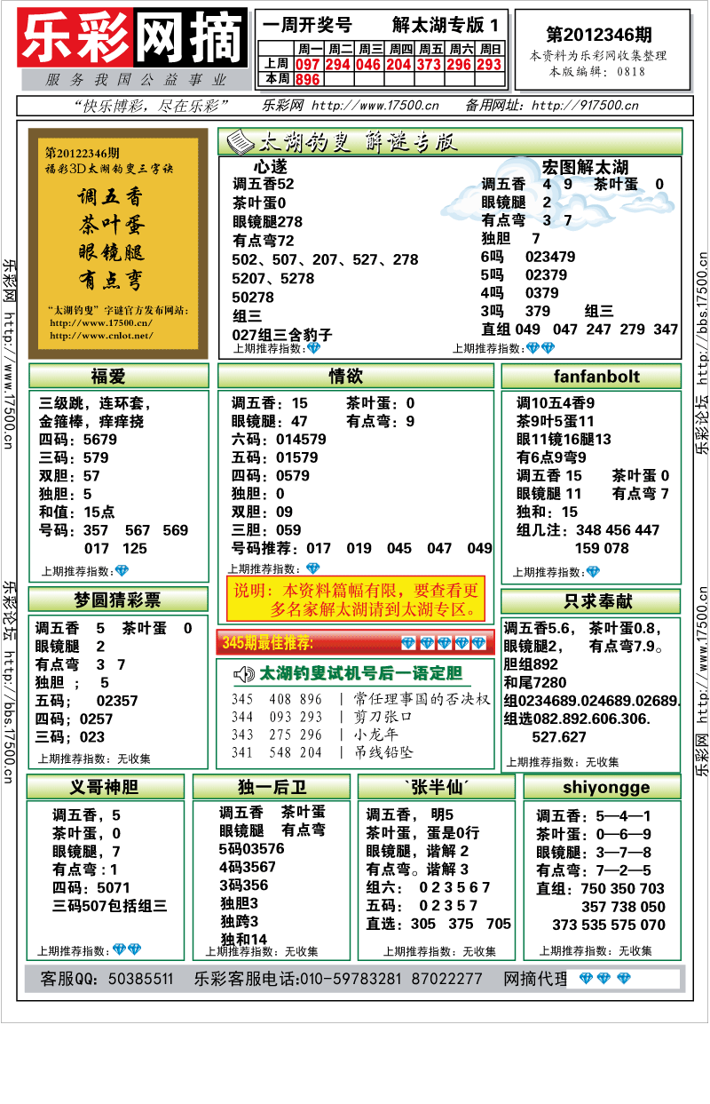 福彩3d2012346期★字谜总汇★解太湖★预测版