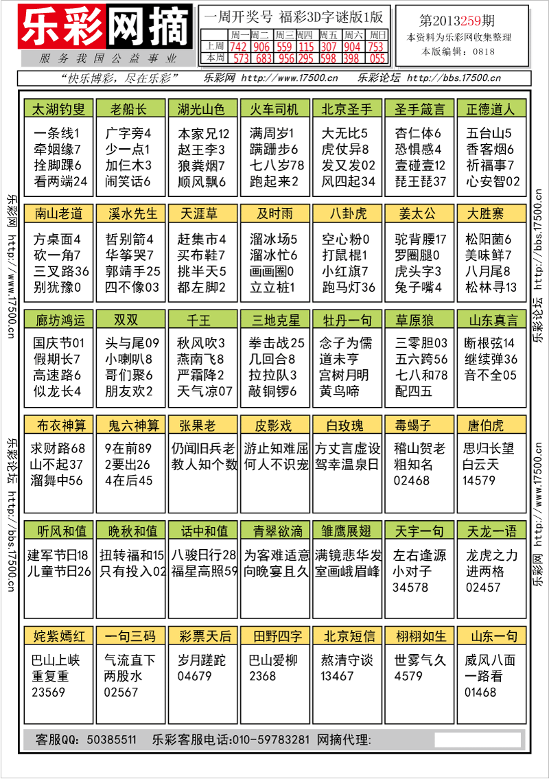 福彩3d2013259期★字谜总汇★解太湖★预测版