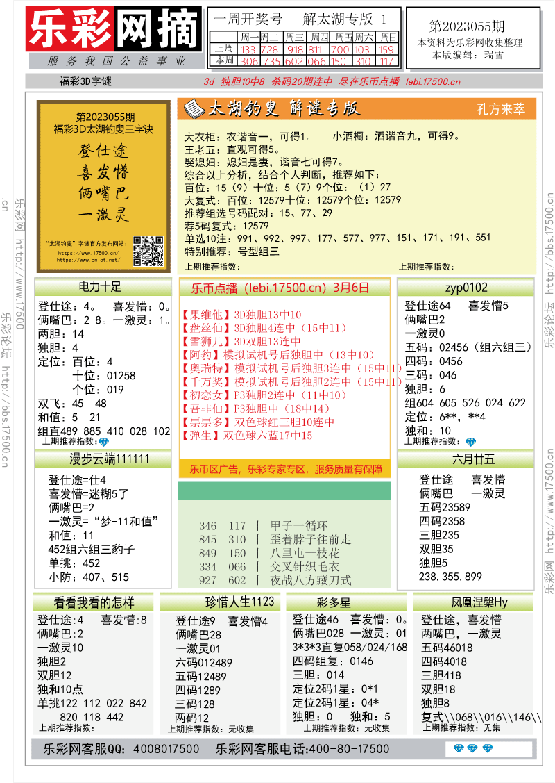 福彩3D第2023055期★字谜总汇★预测版★解太湖