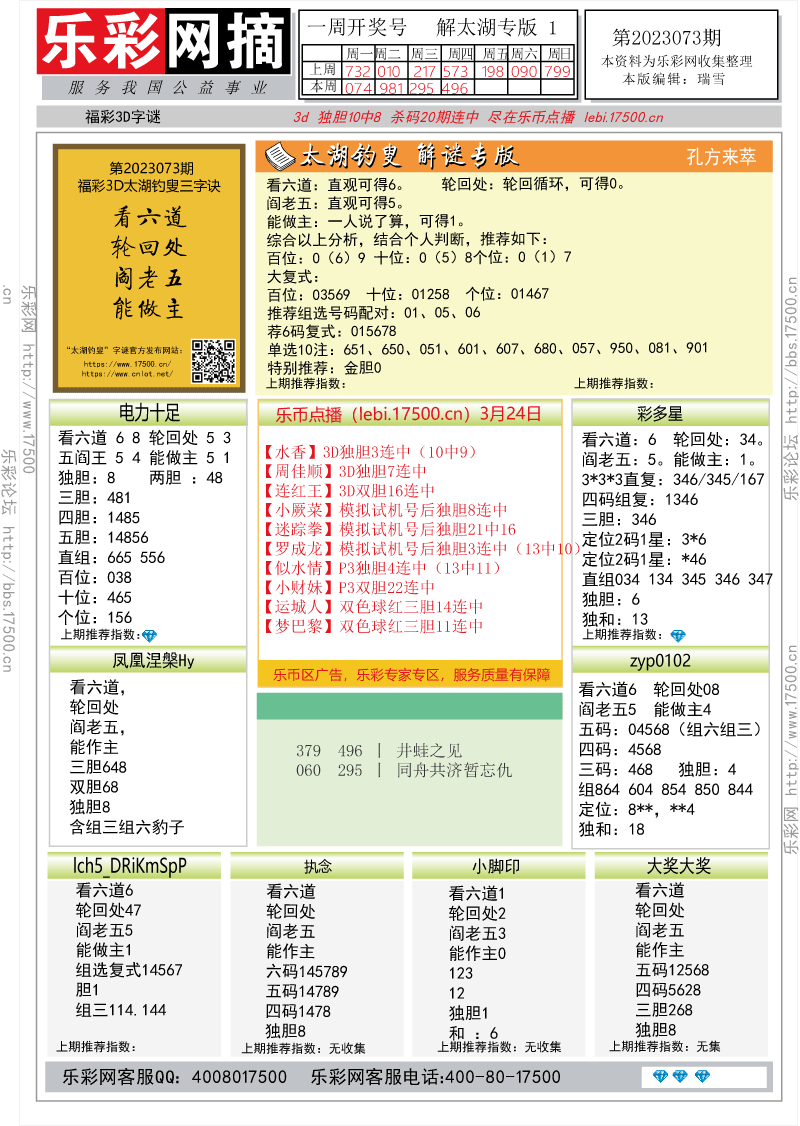 福彩3D第2023073期★字谜总汇★预测版★解太湖