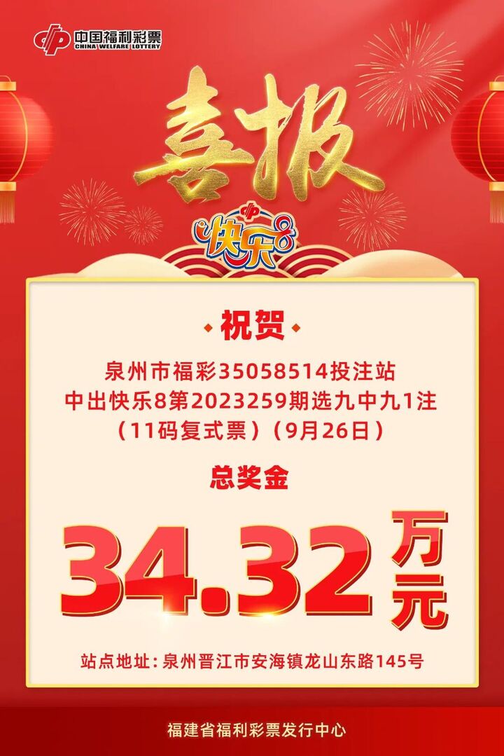 昨晚泉州购彩者喜中快乐8选九34.32万元