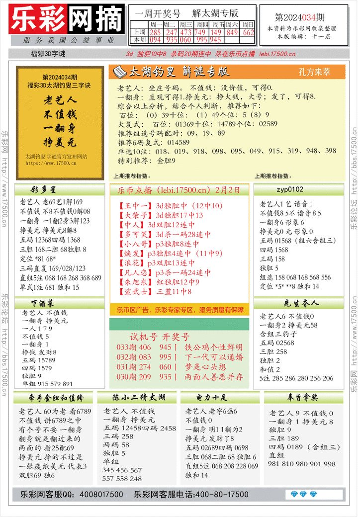 福彩3D第2024034期★字谜总汇★预测版★解太湖