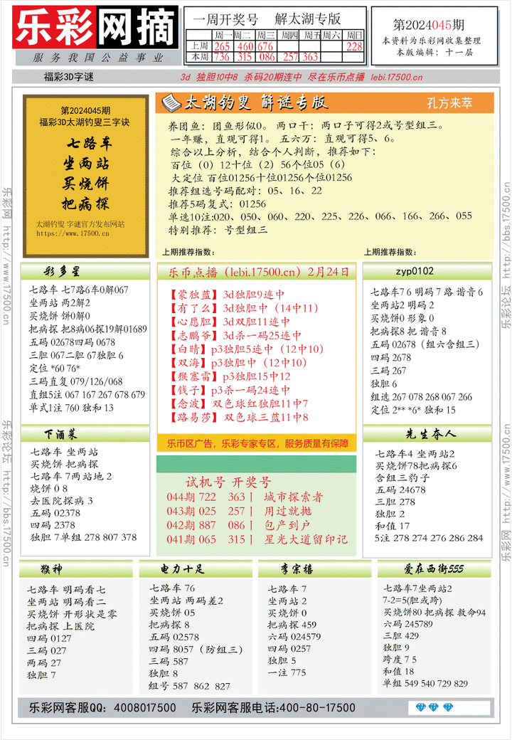 福彩3D第2024045期★字谜总汇★预测版★解太湖