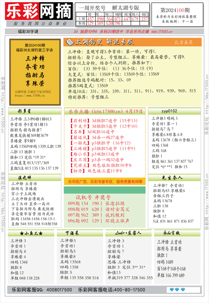 福彩3D第2024100期★字谜总汇★预测版★解太湖