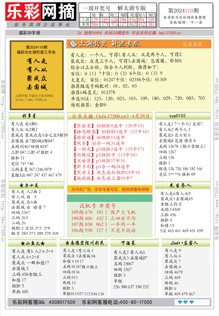 福彩3D第2024110期★字谜总汇★预测版★解太湖