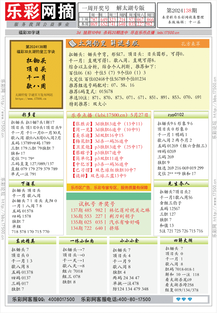福彩3D第2024138期★字谜总汇★预测版★解太湖