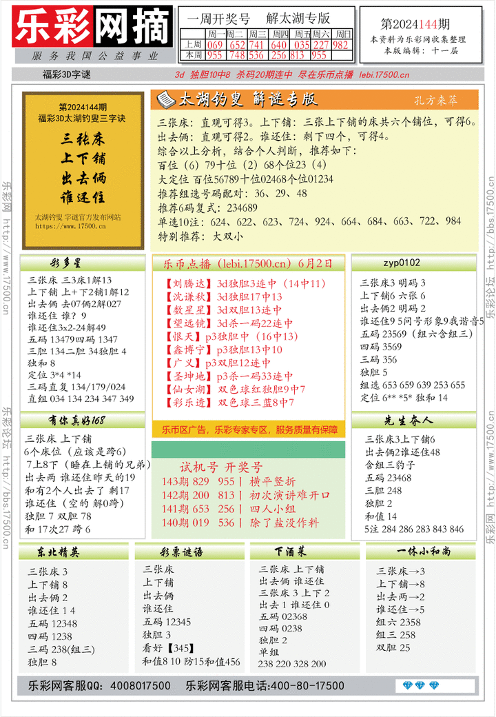 福彩3D第2024144期★字谜总汇★预测版★解太湖