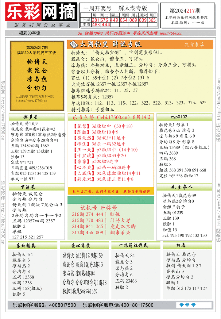 福彩3D第2024217期★字谜总汇★预测版★解太湖