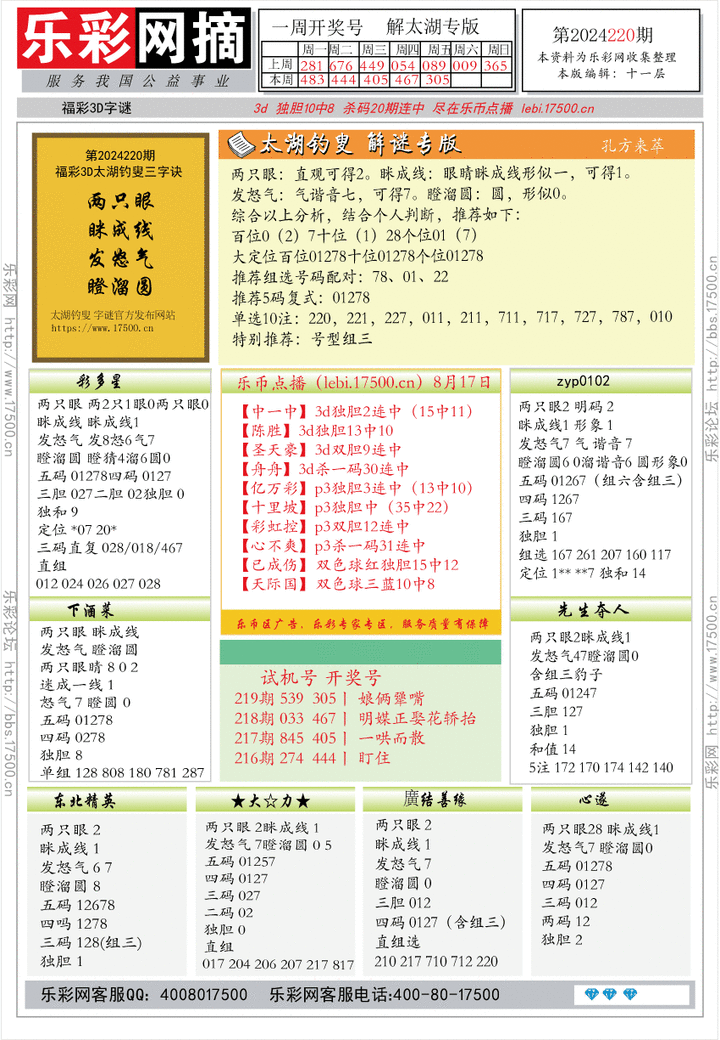 福彩3D第2024220期★字谜总汇★预测版★解太湖