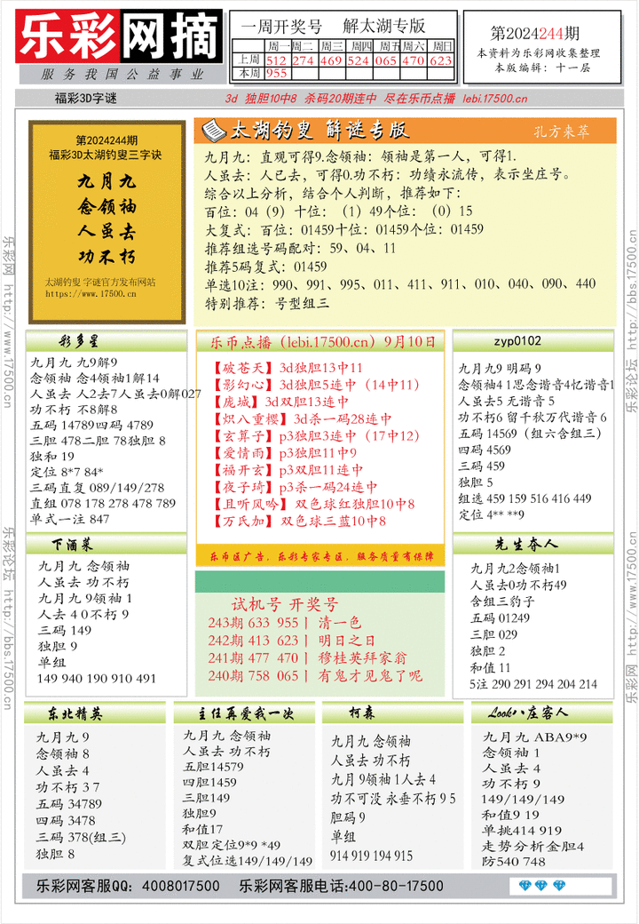 福彩3D第2024244期★字谜总汇★预测版★解太湖