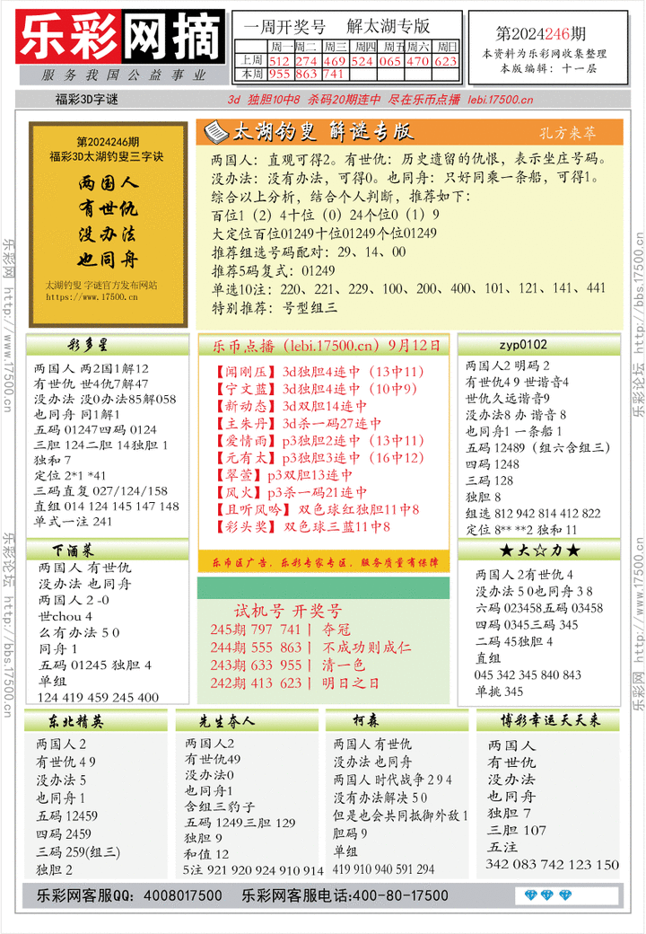 福彩3D第2024246期★字谜总汇★预测版★解太湖
