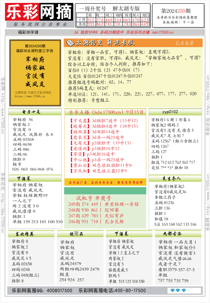 福彩3D第2024250期★字谜总汇★预测版★解太湖