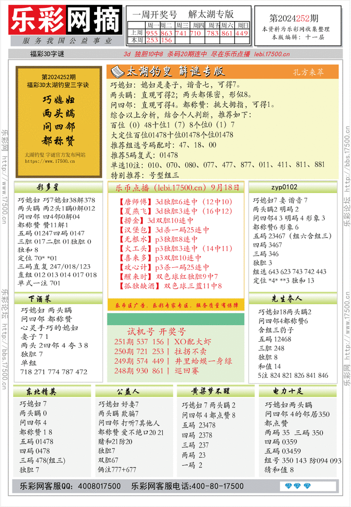 福彩3D第2024252期★字谜总汇★预测版★解太湖