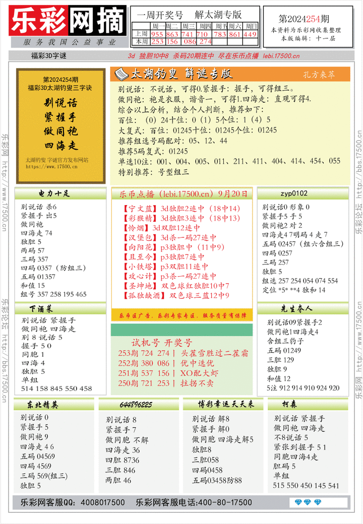 福彩3D第2024254期★字谜总汇★预测版★解太湖