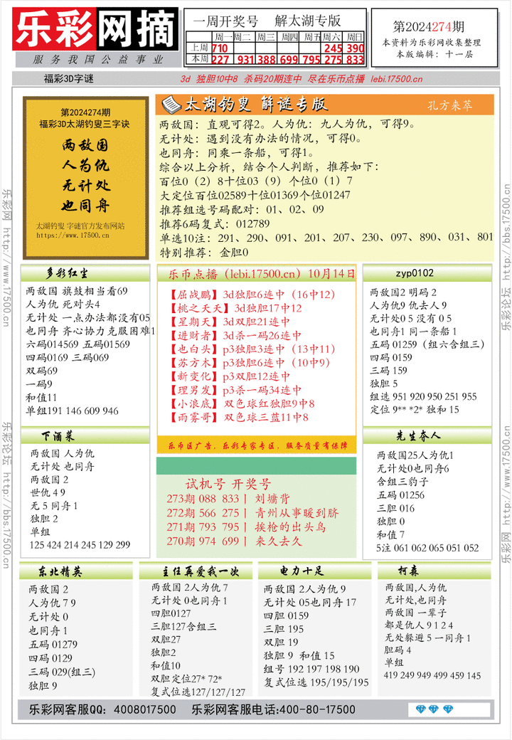 福彩3D第2024274期★字谜总汇★预测版★解太湖