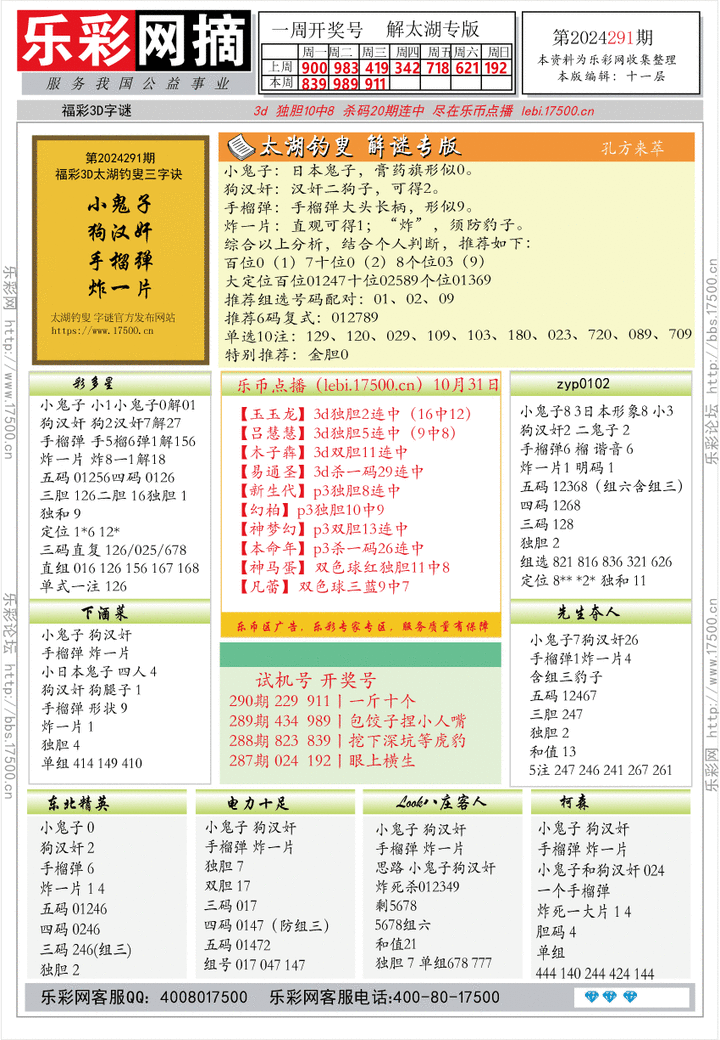 福彩3D第2024291期★字谜总汇★预测版★解太湖