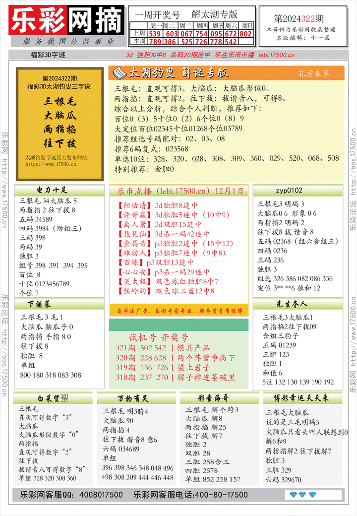 福彩3D第2024322期★字谜总汇★预测版★解太湖