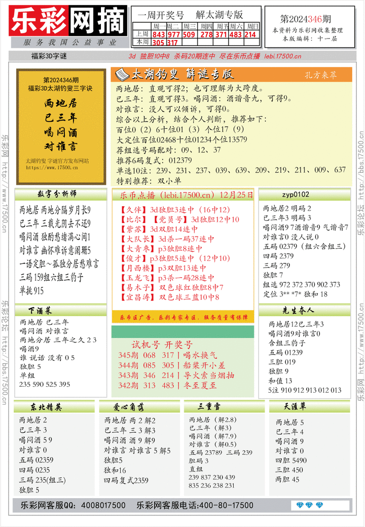 福彩3D第2024346期★字谜总汇★解太湖★预测 