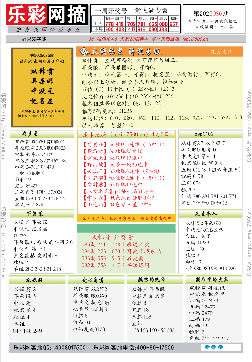 福彩3D第2025086期★字谜总汇★预测★解太湖