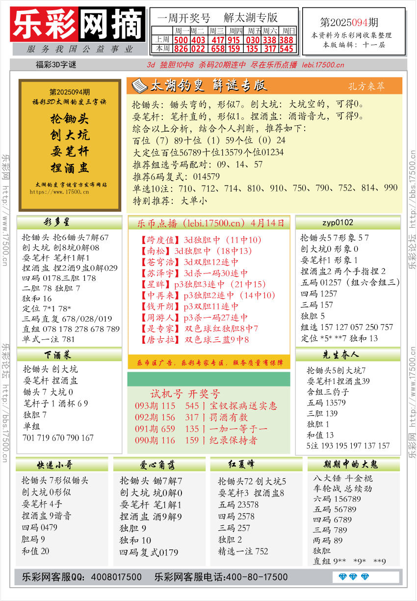 福彩3D第2025094期★字谜总汇★预测★解太湖