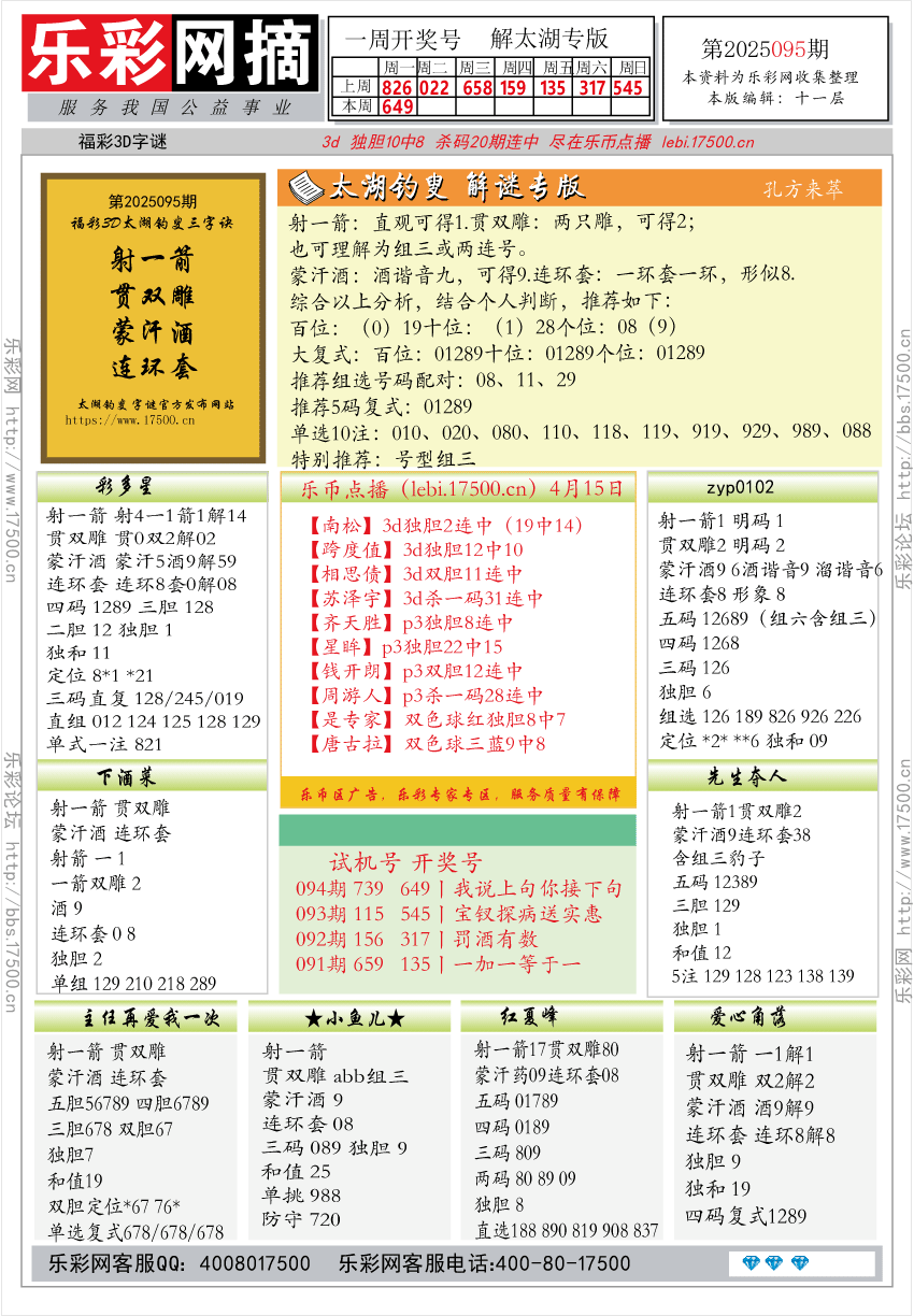 福彩3D第2025095期★字谜总汇★预测★解太湖