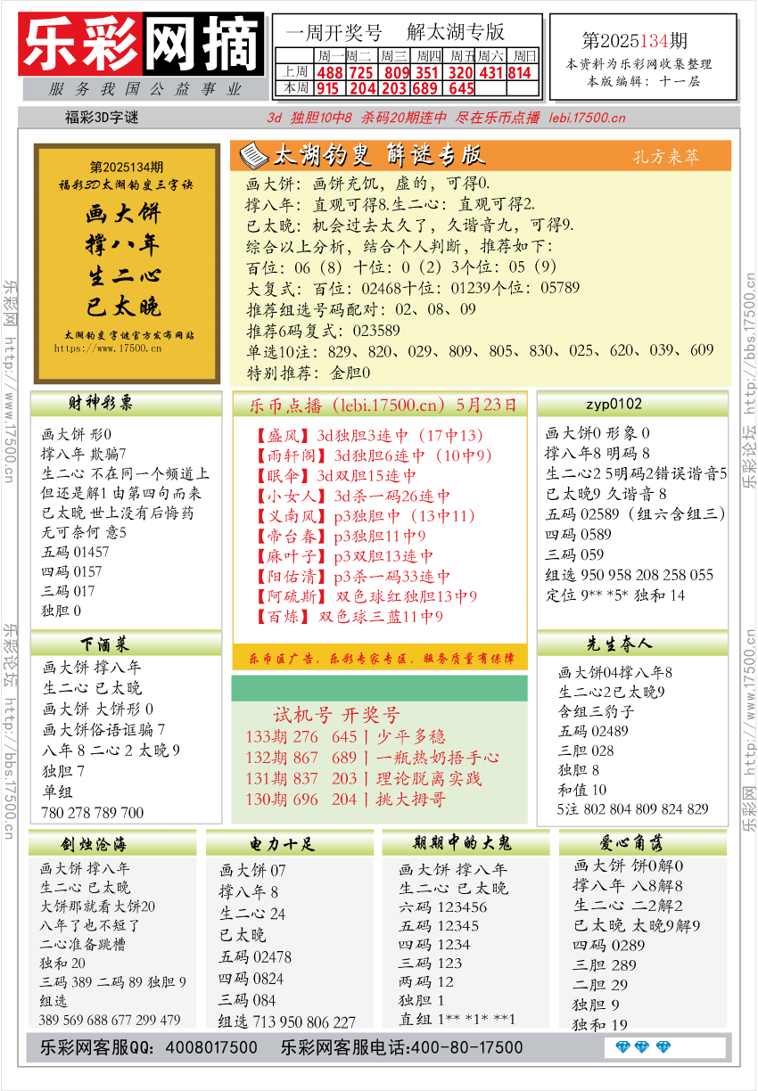 福彩3D第2025134期★字谜总汇★预测★解太湖