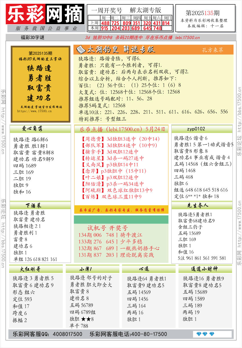 福彩3D第2025135期★字谜总汇★预测★解太湖