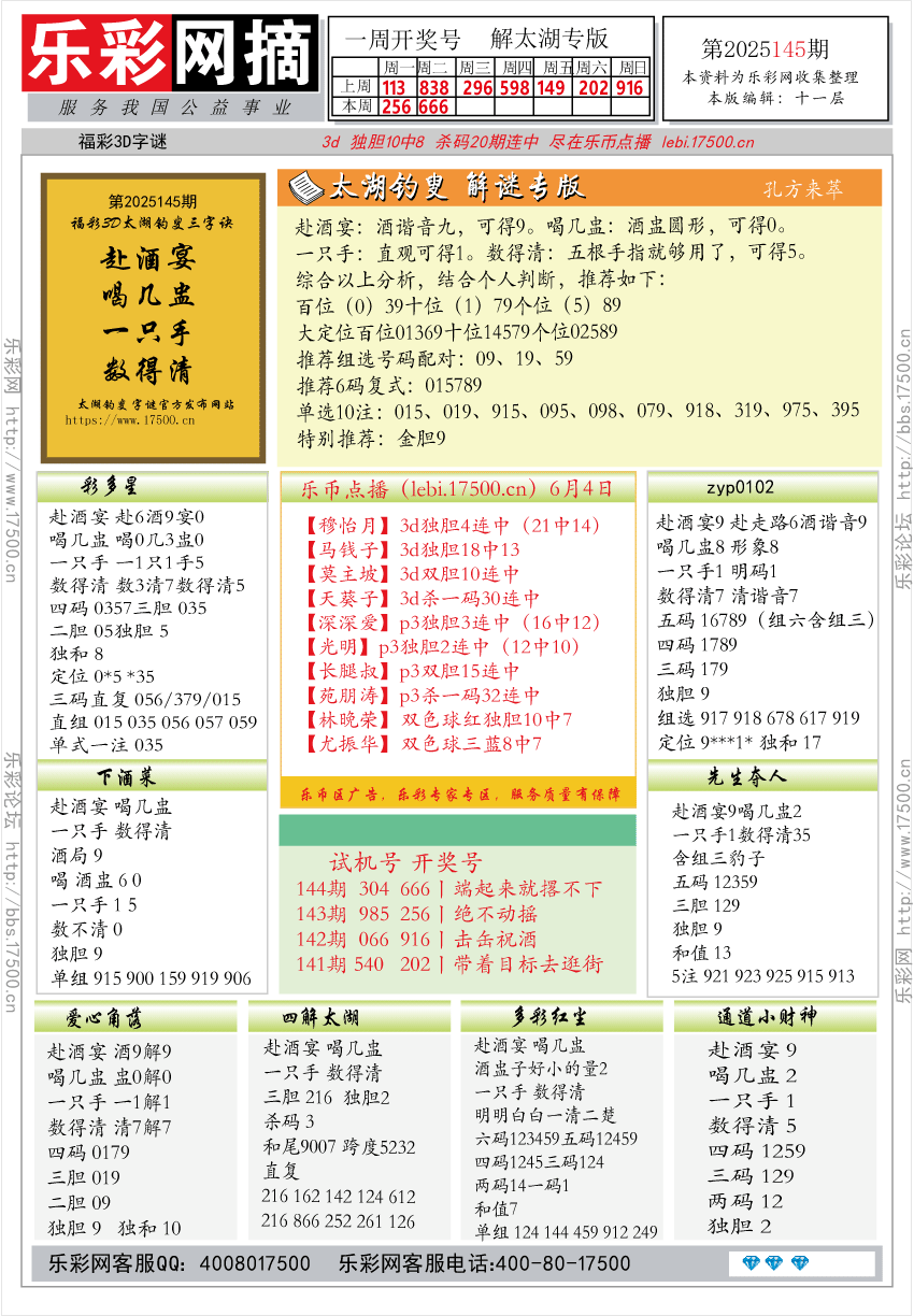 福彩3D第2025145期★字谜总汇★预测★解太湖