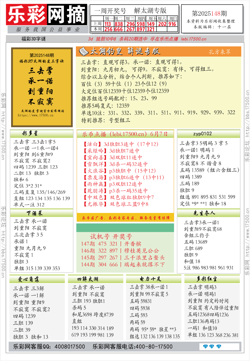 福彩3D第2025148期★字谜总汇★预测★解太湖