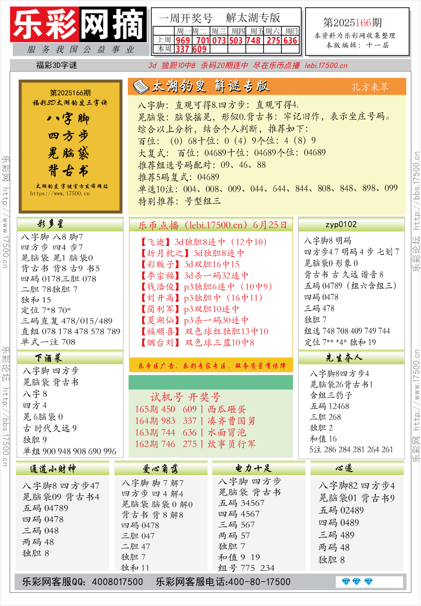 福彩3D第2025166期★字谜总汇★预测★解太湖