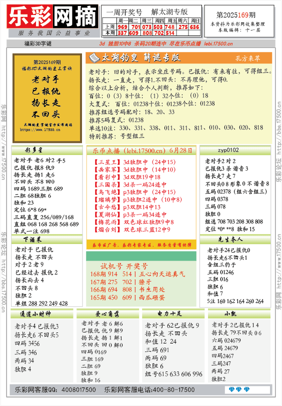 福彩3D第2025169期★字谜总汇★预测★解太湖