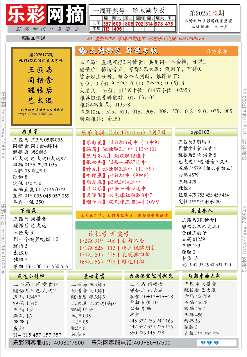 福彩3D第2025173期★字谜总汇★预测★解太湖