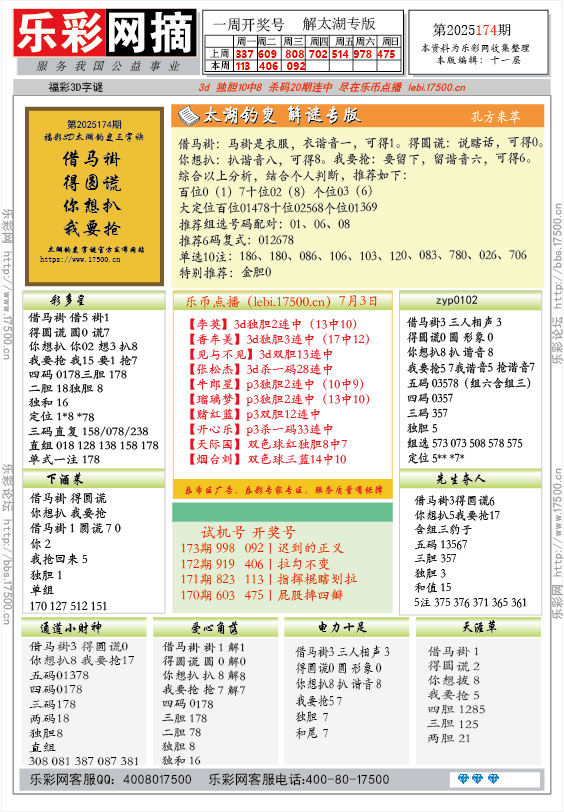 福彩3D第2025174期★字谜总汇★预测★解太湖