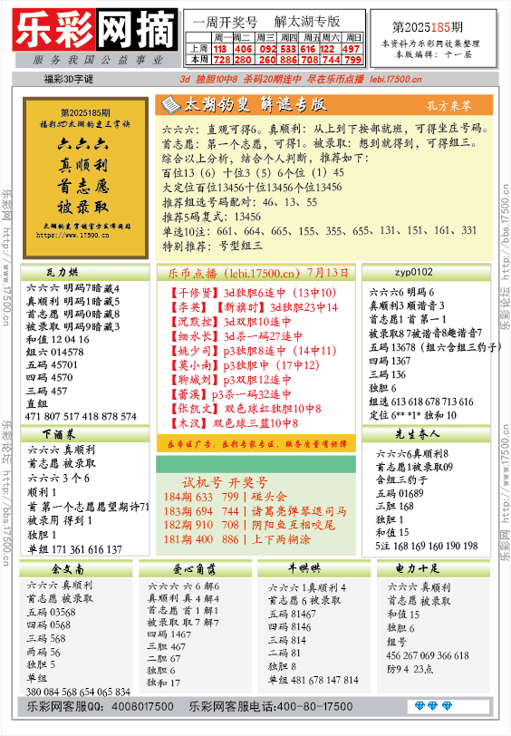 福彩3D第2025185期★字谜总汇★预测★解太湖