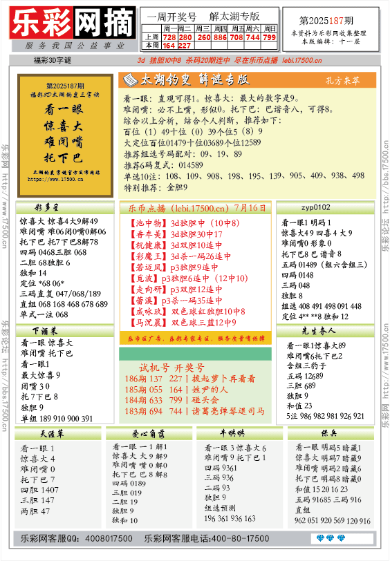 福彩3D第2025187期★字谜总汇★预测★解太湖