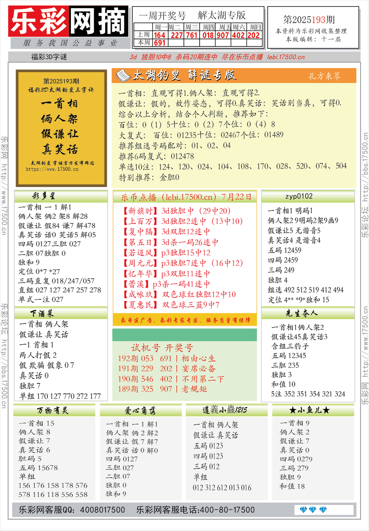 福彩3D第2025193期★字谜总汇★预测★解太湖