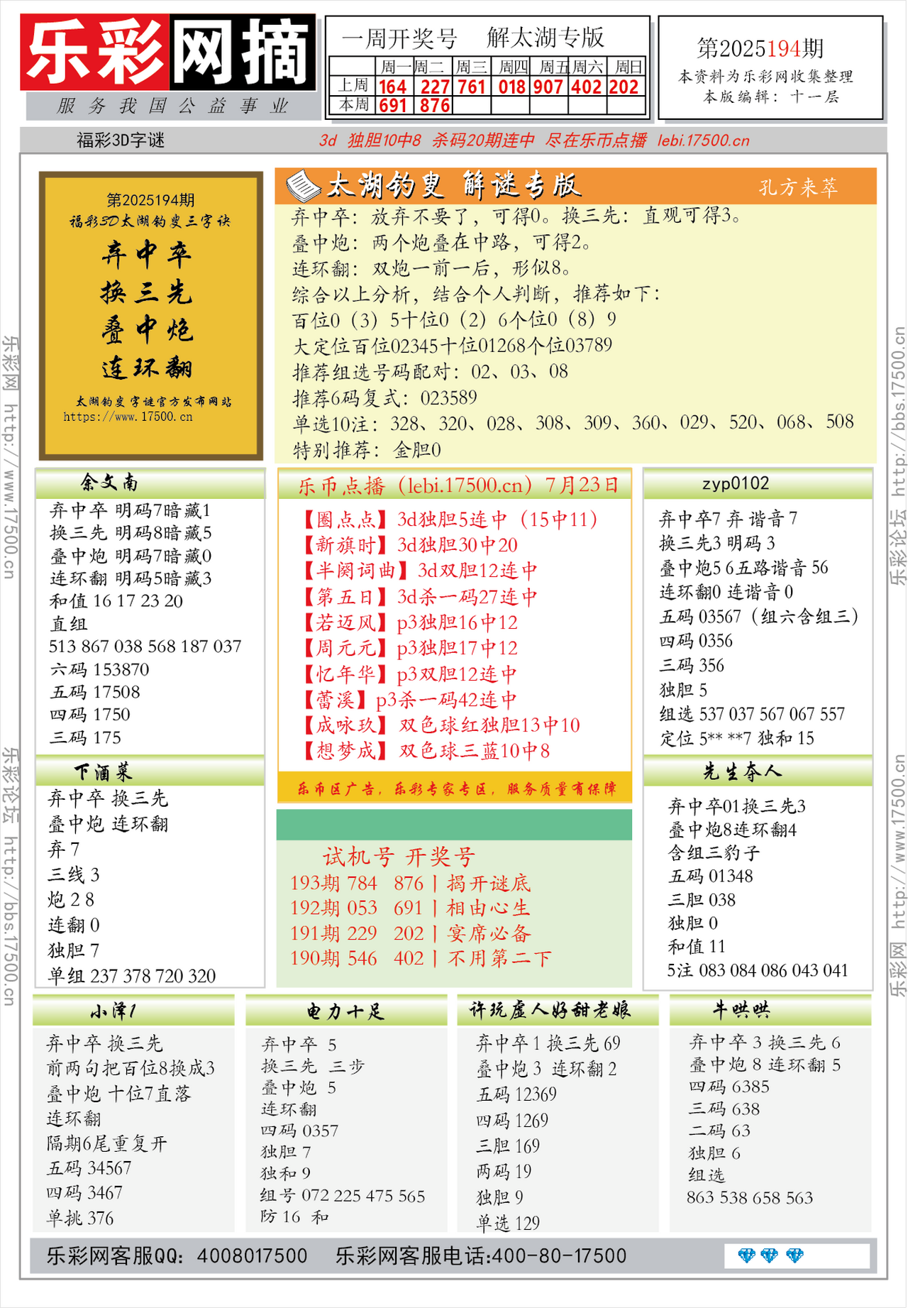 福彩3D第2025194期★字谜总汇★预测★解太湖
