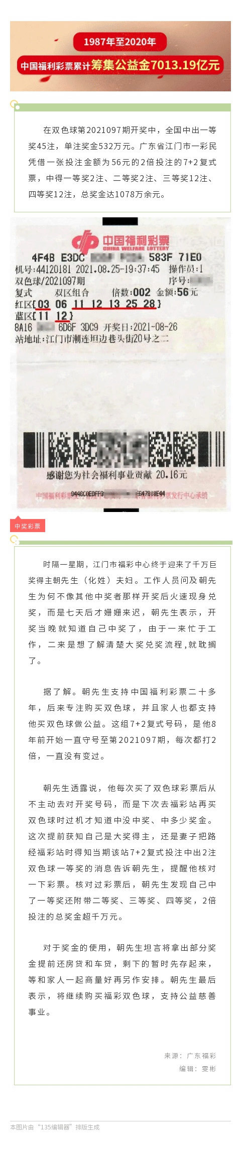 复式倍投双色球，斩获1078万元巨奖