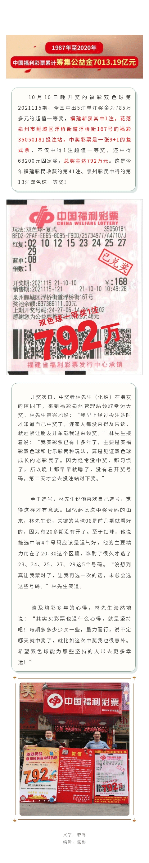 坚持购买双色球十多年，泉州彩民收获792万元大奖