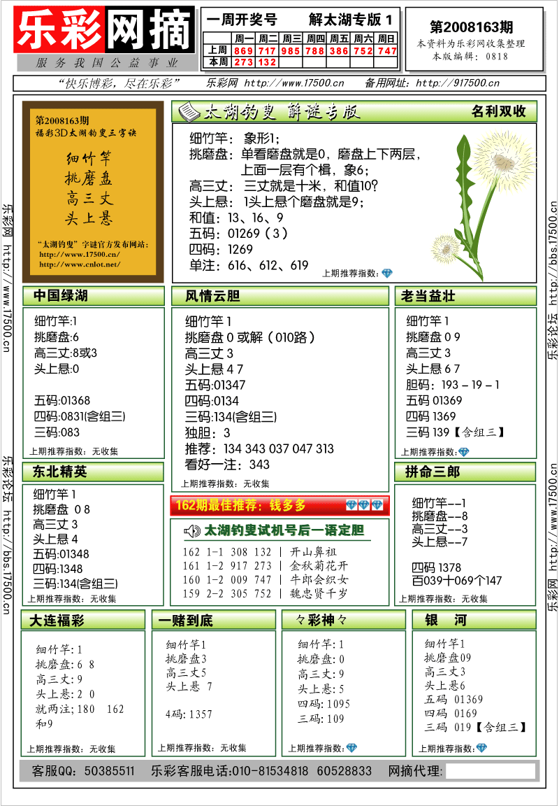 福彩3D第2008163期解太湖钓叟总汇