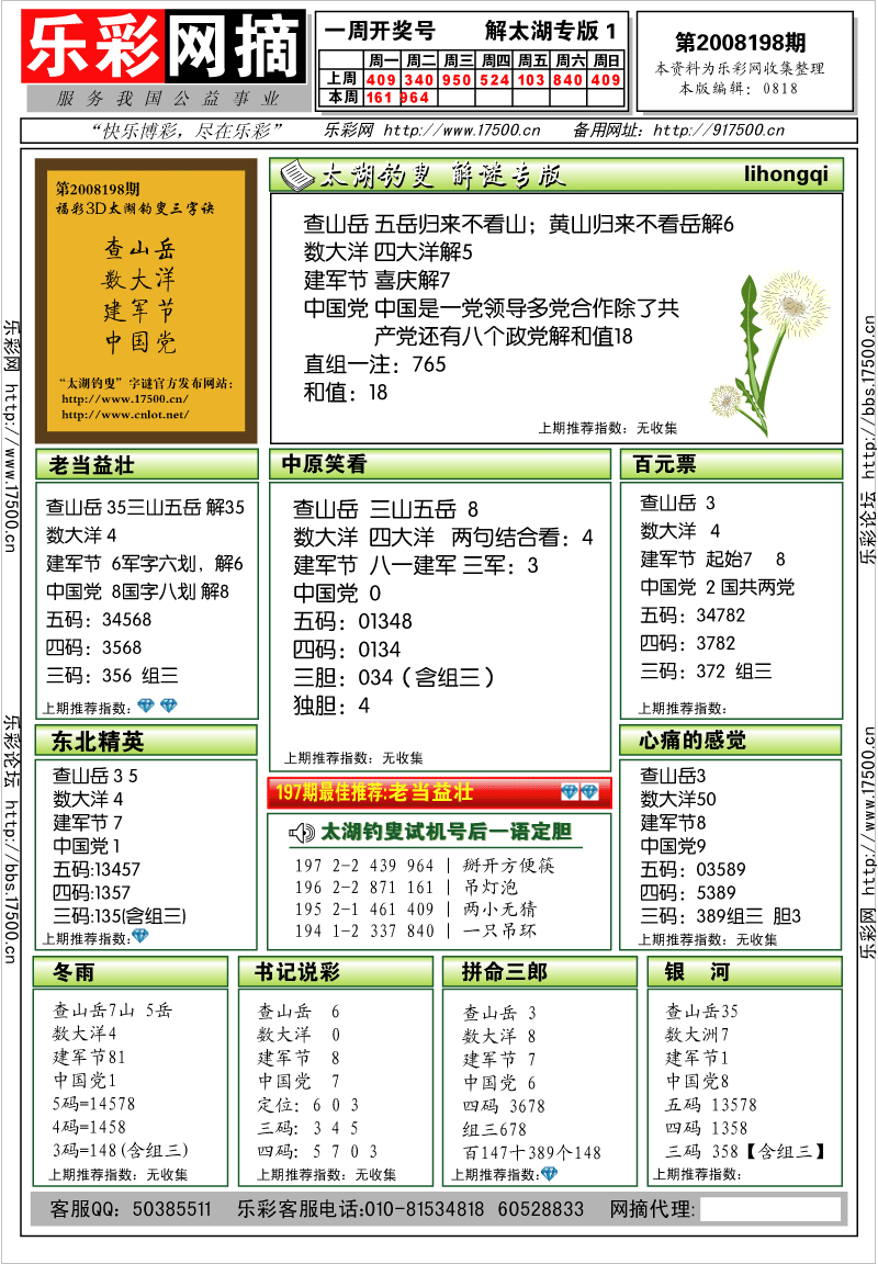 福彩3D第2008198期解太湖钓叟总汇