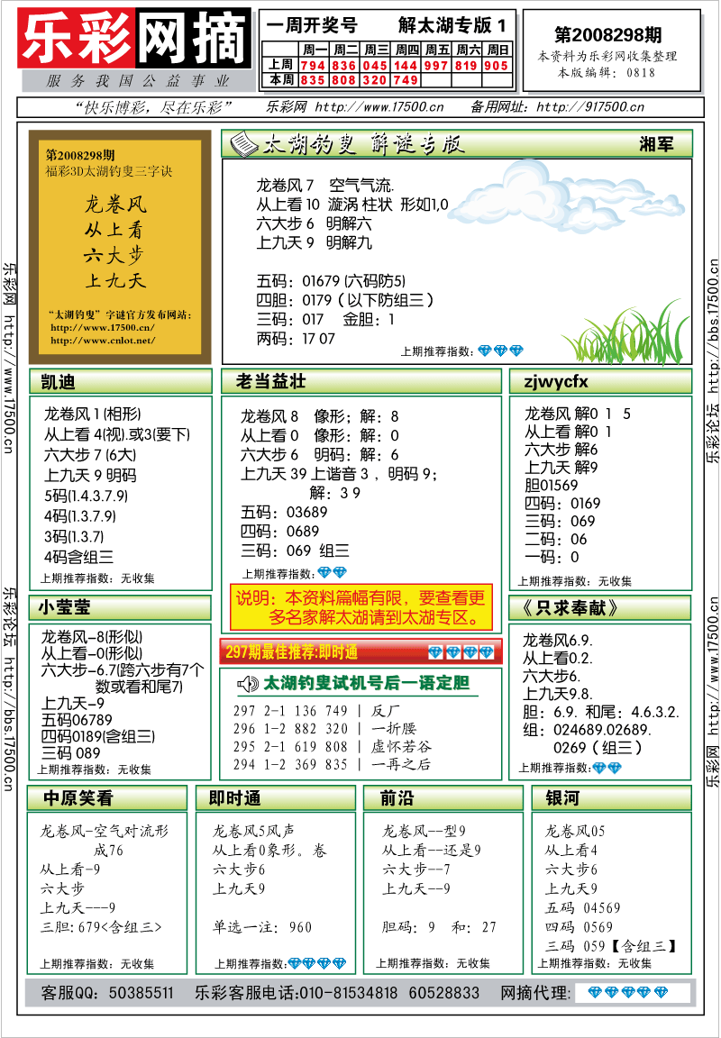 福彩3D第2008298期解太湖钓叟总汇