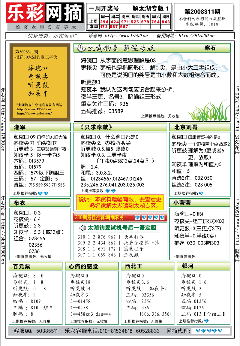 福彩3D第2008311期解太湖钓叟总汇