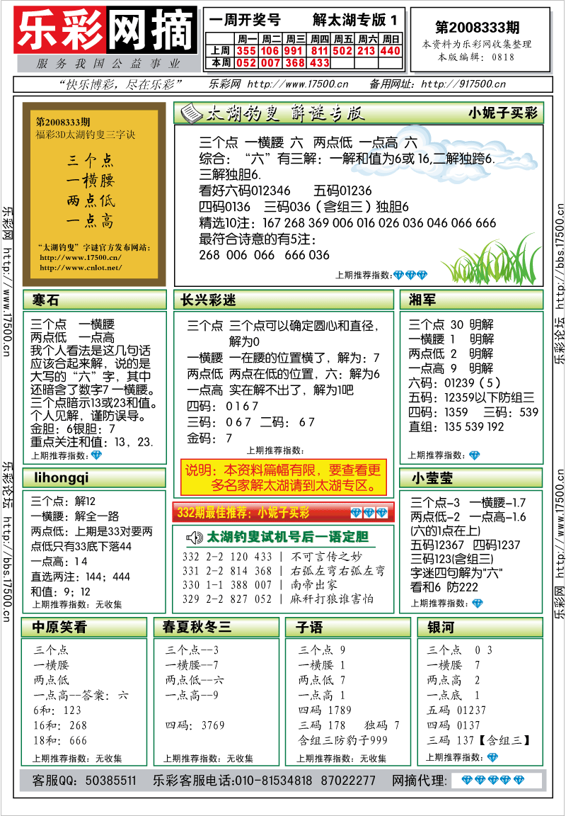 福彩3D第2008333期解太湖钓叟总汇